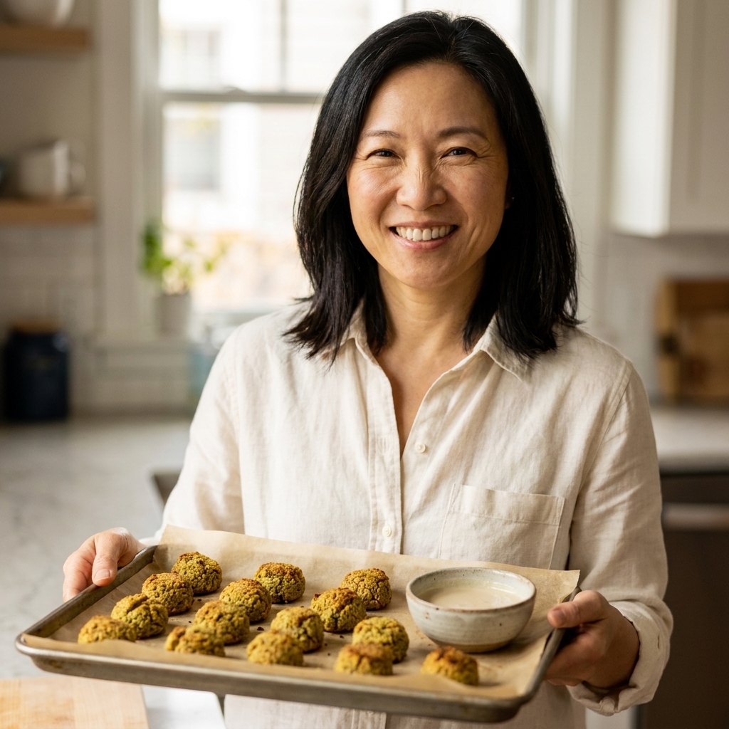 Golden baked falafel bites on a parchment-lined baking sheet with a small bowl of tahini sauce