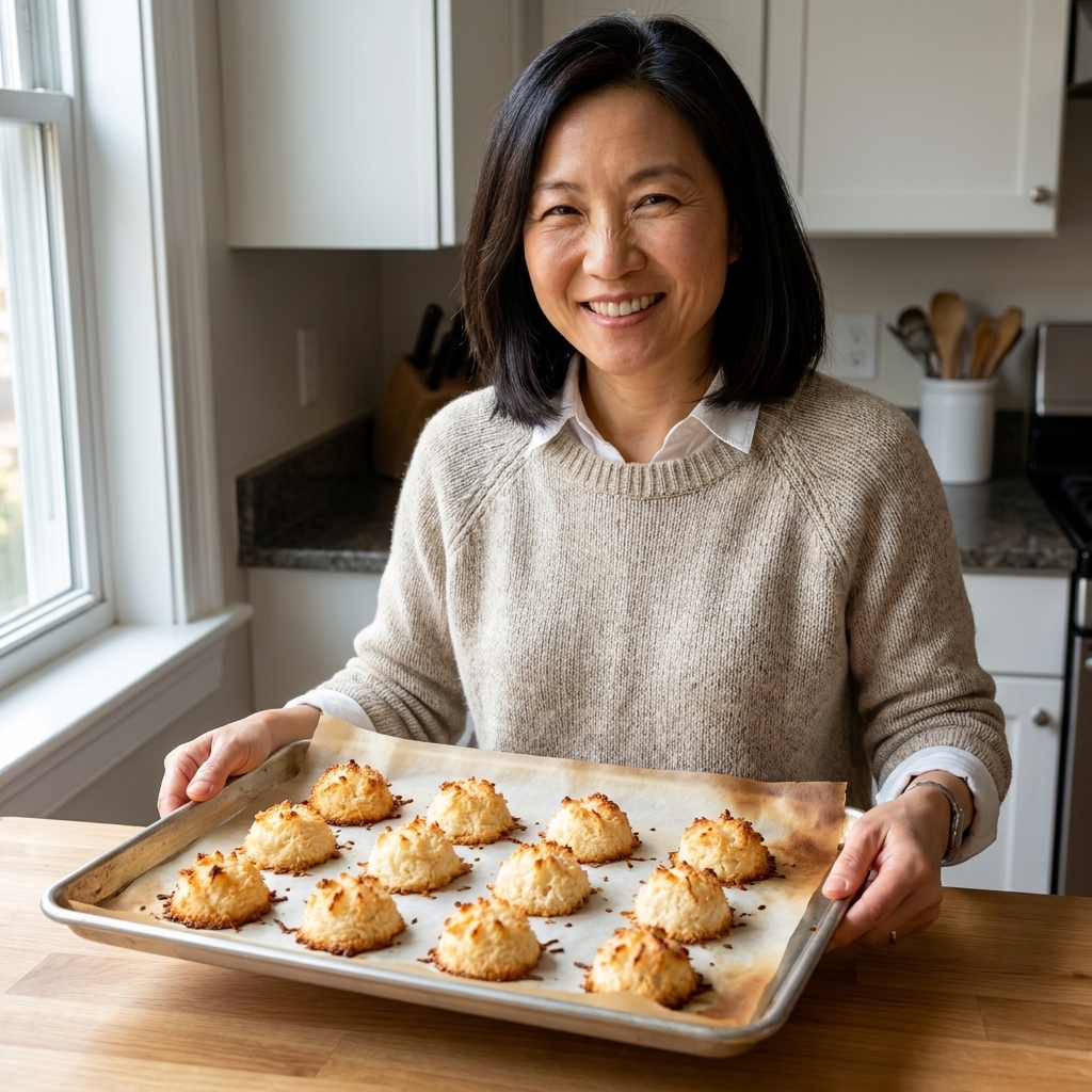 Golden coconut macaroons cooling on a parchment-lined baking sheet with toasted edges
