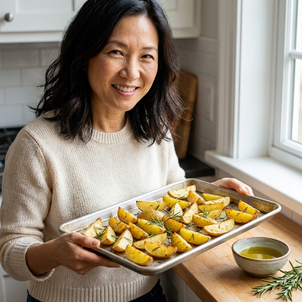 Golden roasted potato wedges on a baking sheet with a small bowl of olive oil and rosemary nearby