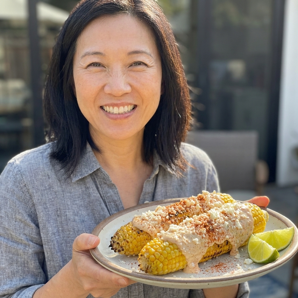 Grilled corn on the cob coated with creamy sauce, sprinkled with crumbled cotija and chili powder, served with lime wedges on a plate