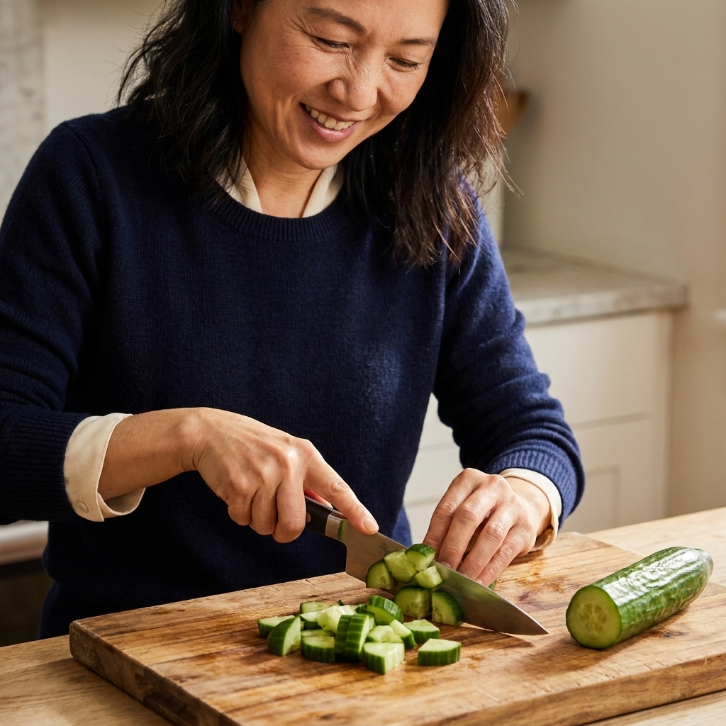 Hands chopping an English cucumber into bite-size pieces on a wooden cutting board