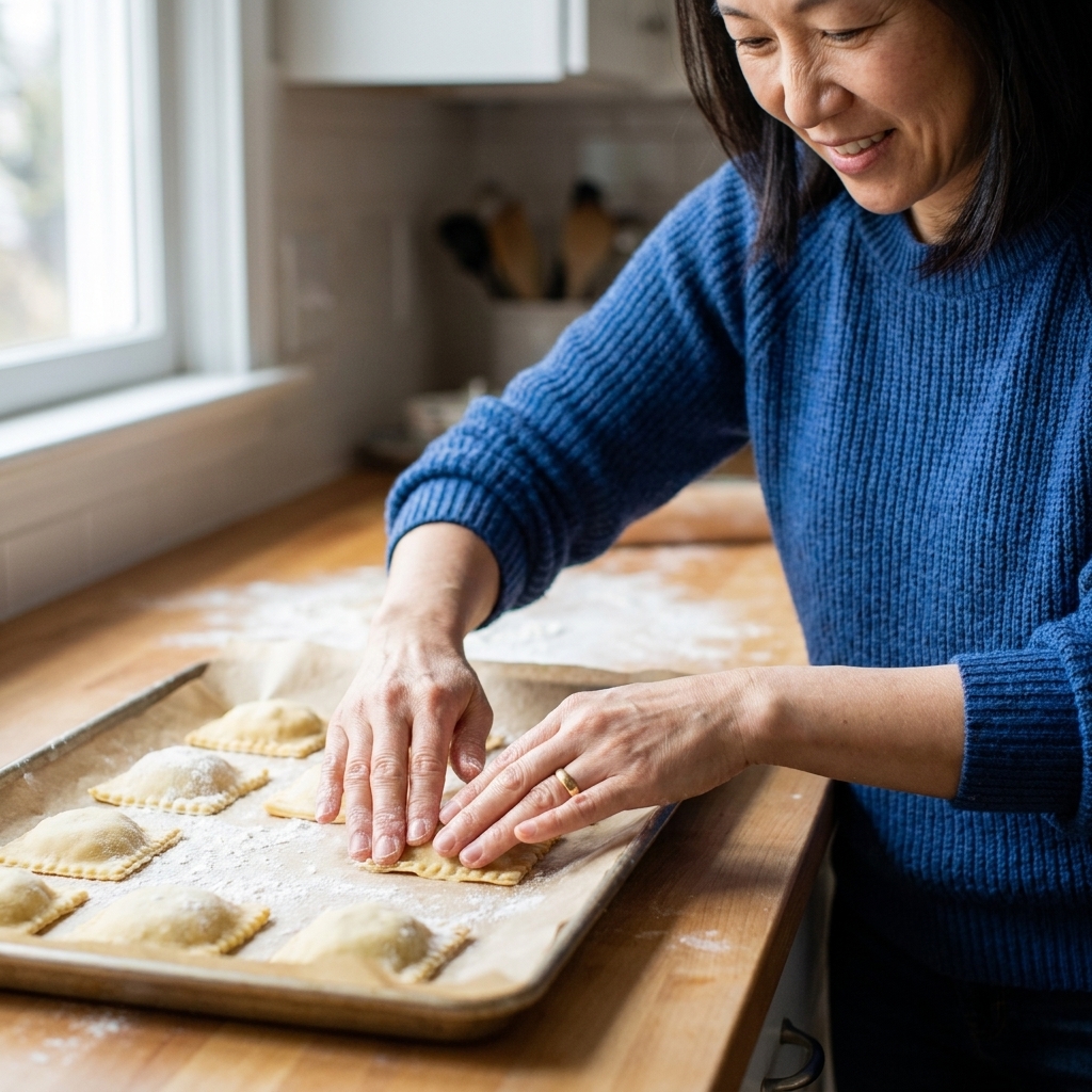 Hands pressing the edges of gluten-free ravioli to seal them on a parchment-lined baking sheet