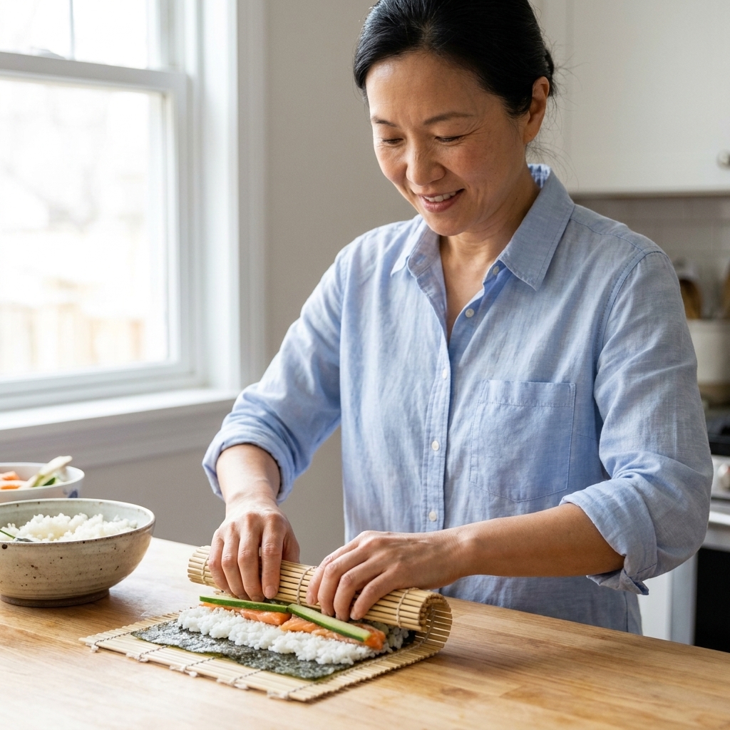 Hands using a bamboo rolling mat to roll a nori sheet around rice and fillings into a tight cylinder on a kitchen counter