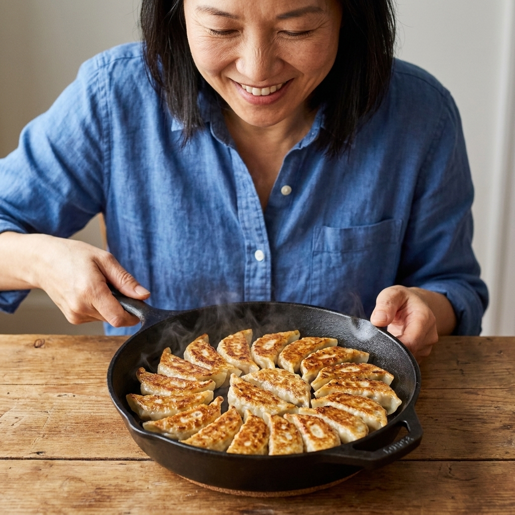 Japanese gyoza arranged in a circle in a black skillet with crisp golden bottoms and a light steam rising