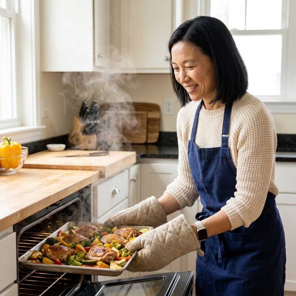 Maya Chen pulling a roasted sheet pan dinner from the oven with browned vegetables and chicken, steam rising in a cozy home kitchen