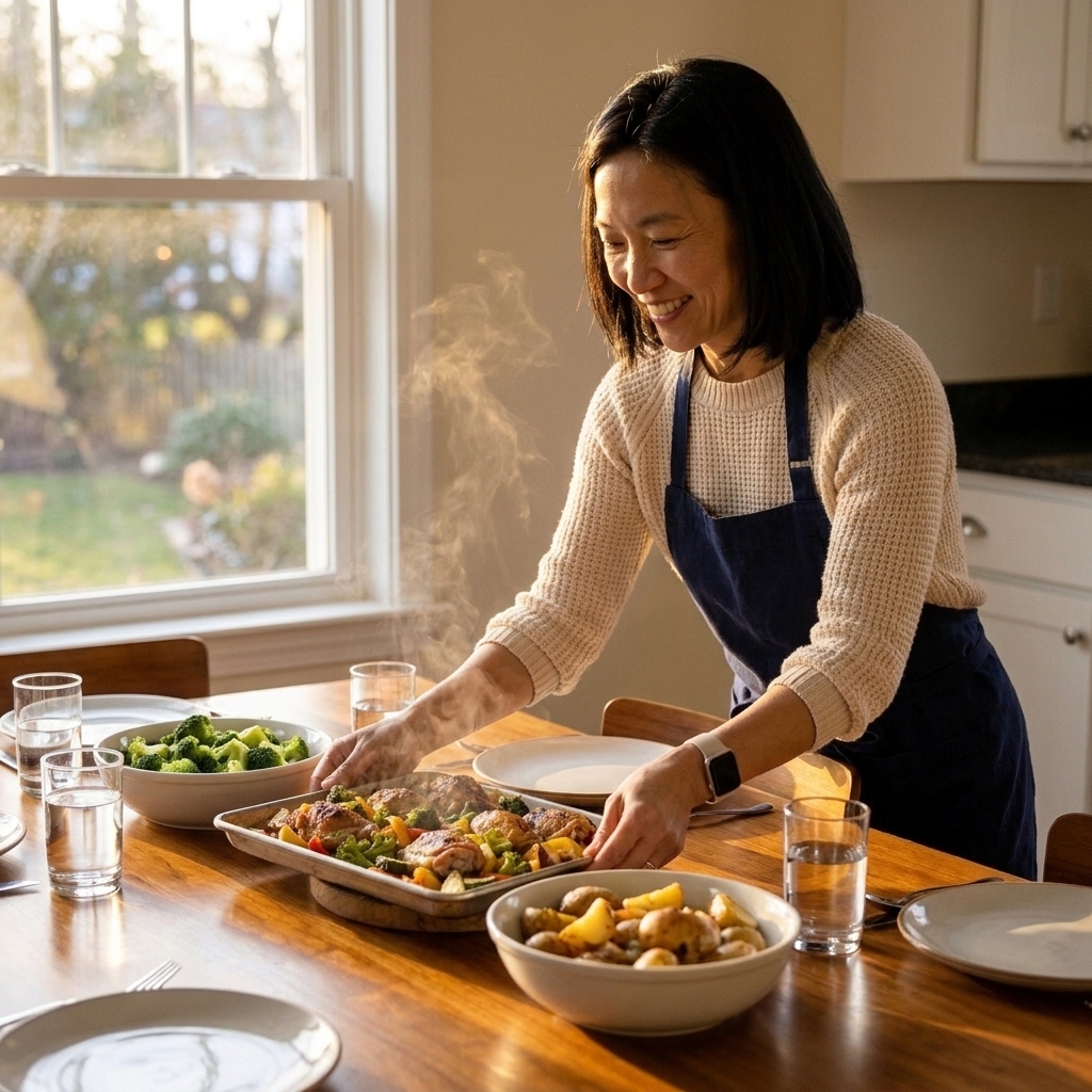 Maya Chen setting a warm family dinner table with serving dishes and glasses, golden evening light coming through a window