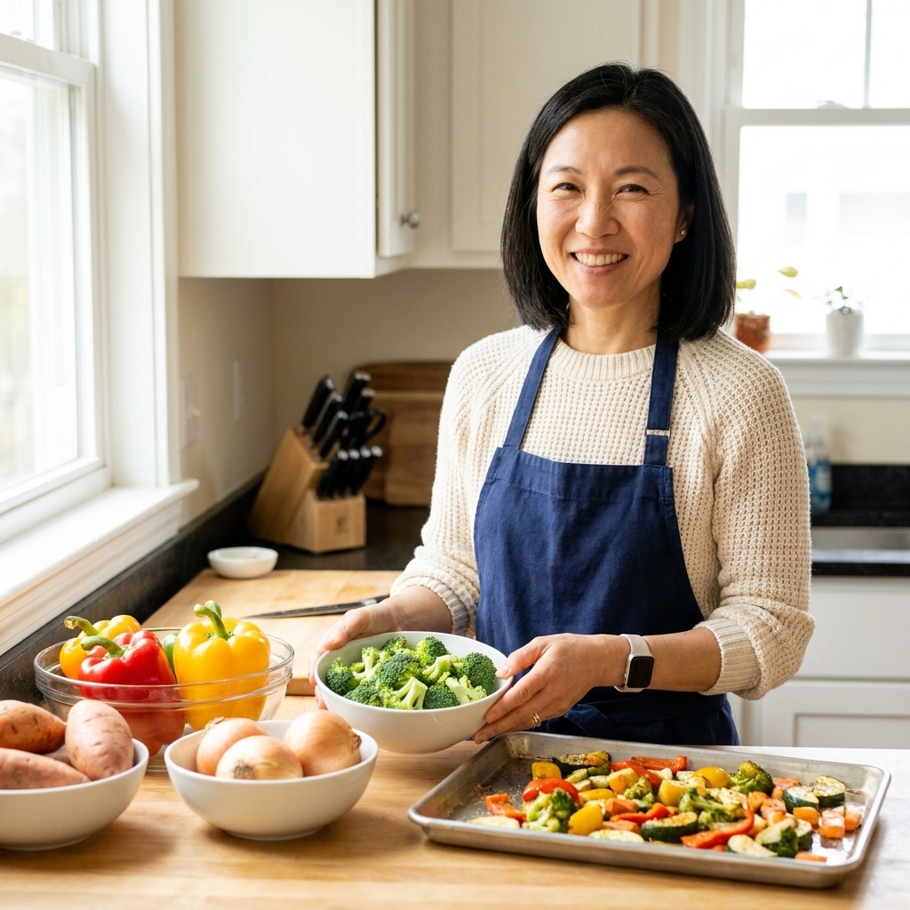 Maya Chen smiling at a kitchen counter in a bright home kitchen, surrounded by bowls of chopped vegetables and a sheet pan ready for the oven