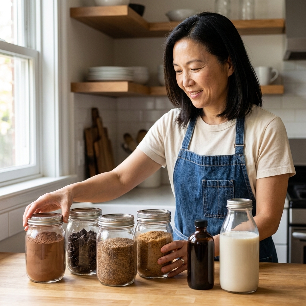 Neatly arranged vegan baking staples including cocoa powder, dark chocolate, ground flaxseed, oat milk, vanilla extract, and brown sugar in jars