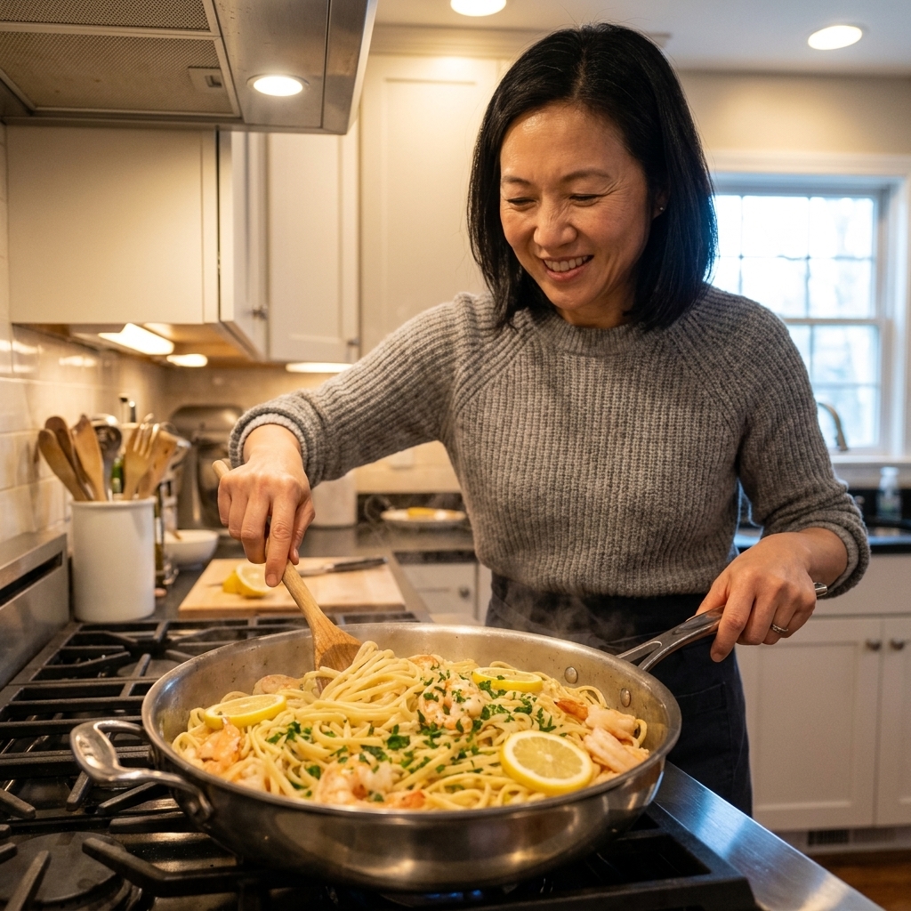 One-pot linguine with shrimp, lemon slices, and parsley in a skillet on a kitchen stove