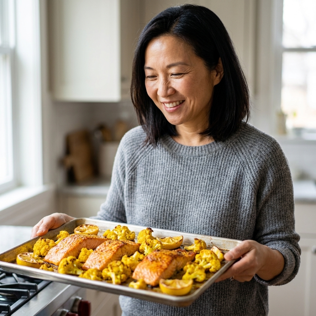 Roasted salmon fillets on a sheet pan with turmeric-spiced cauliflower florets and lemon wedges