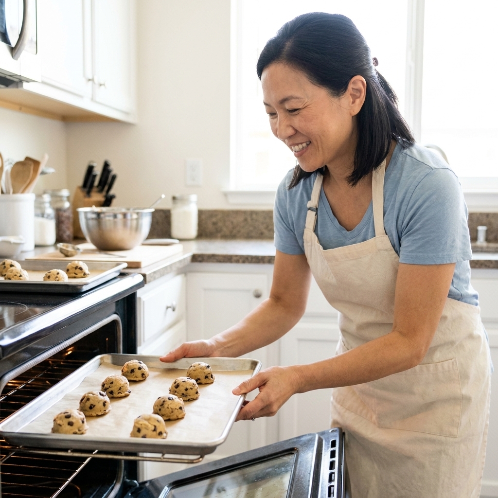 Rounded scoops of chocolate chip cookie dough spaced out on a parchment-lined baking sheet, ready to go into the oven