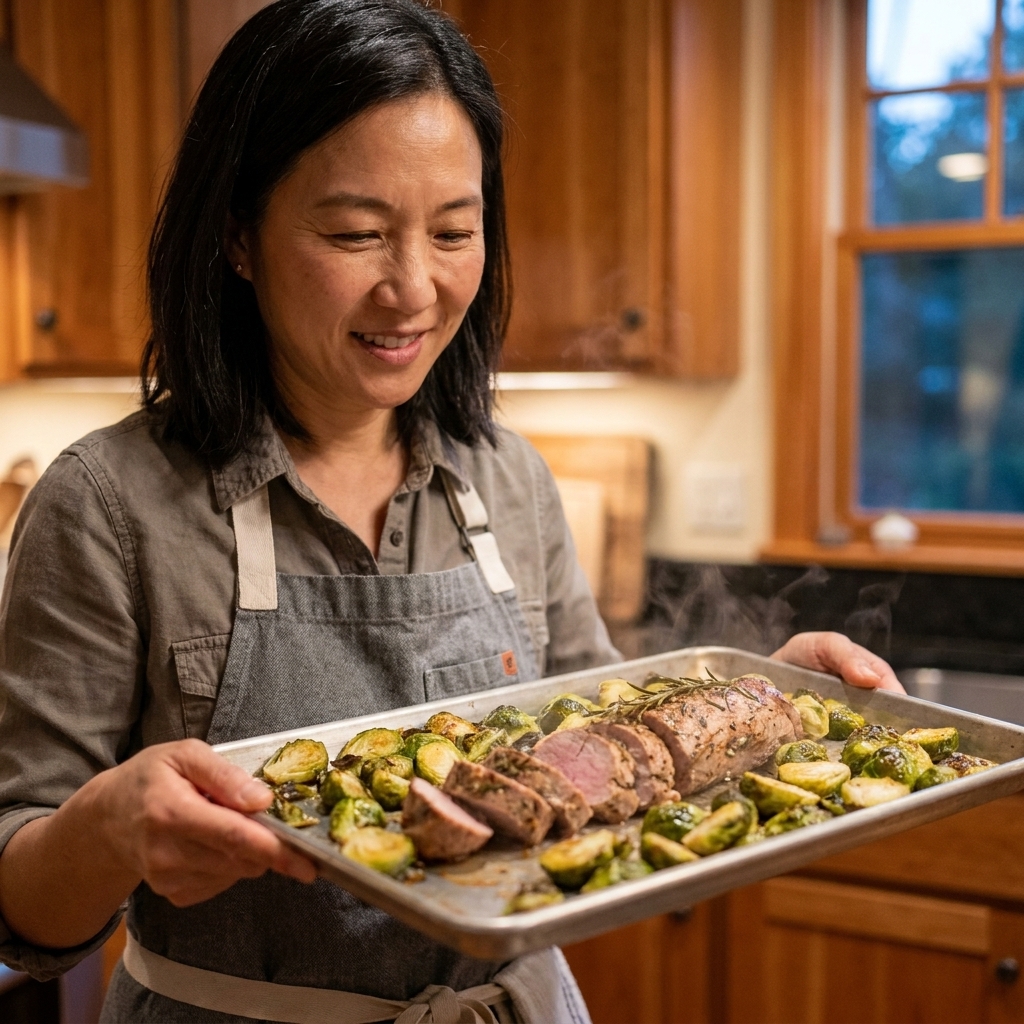 Sliced rosemary pork tenderloin next to roasted Brussels sprouts on a sheet pan, cozy home kitchen lighting