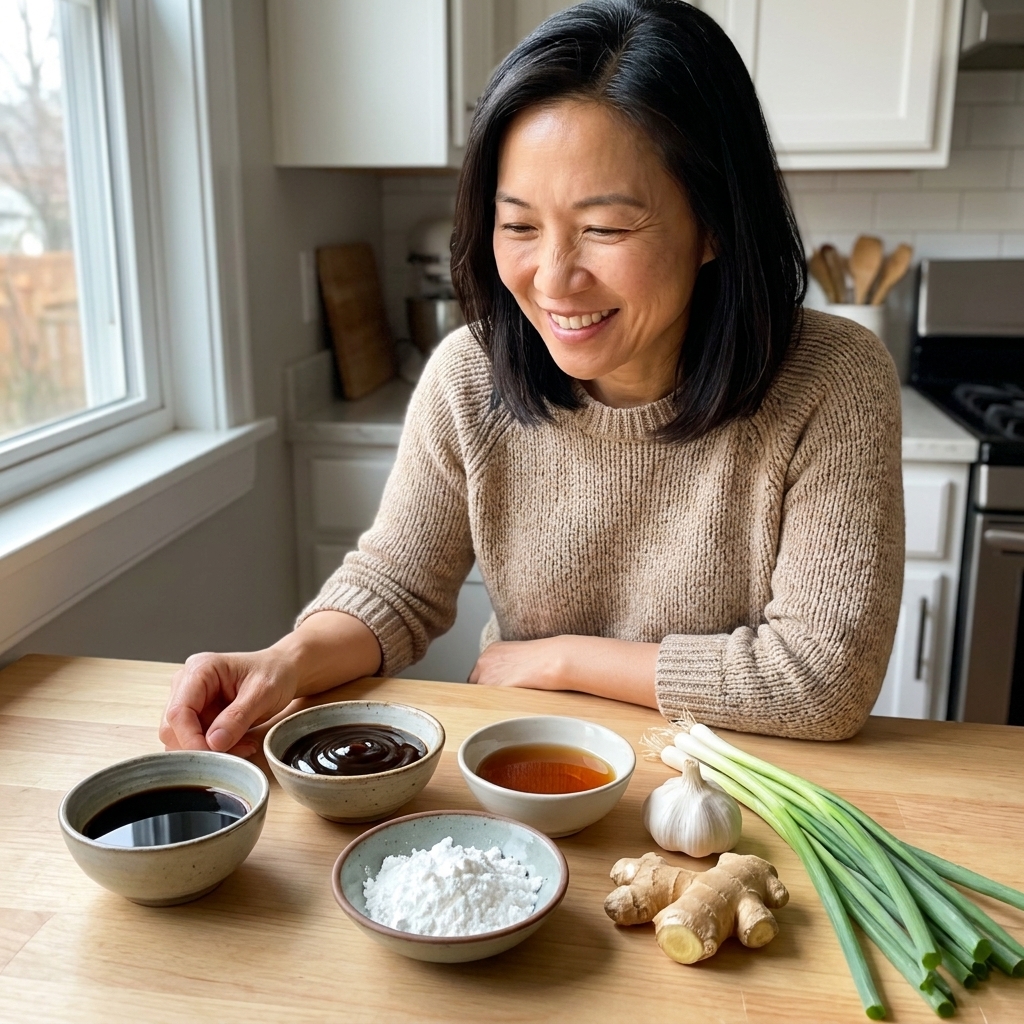 Small bowls of soy sauce, oyster sauce, Shaoxing wine, and cornstarch arranged on a kitchen counter next to garlic, ginger, and scallions