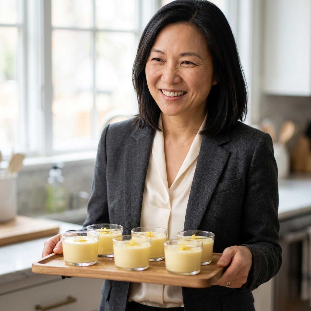 Small glass cups filled with pale lemon posset topped with a little lemon zest on a tray