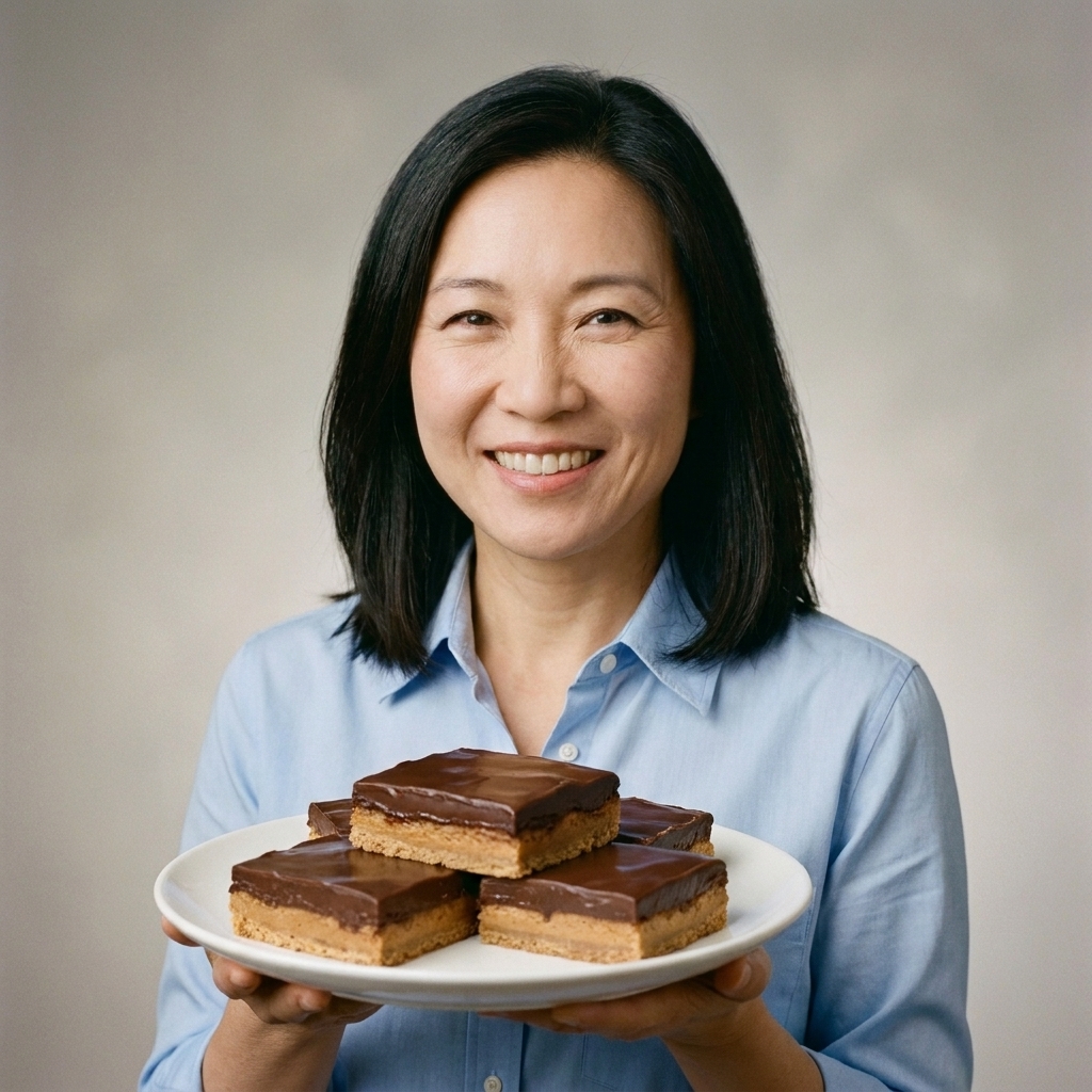 Square chocolate peanut butter bars stacked on a plate with a glossy chocolate top layer and clean cut edges