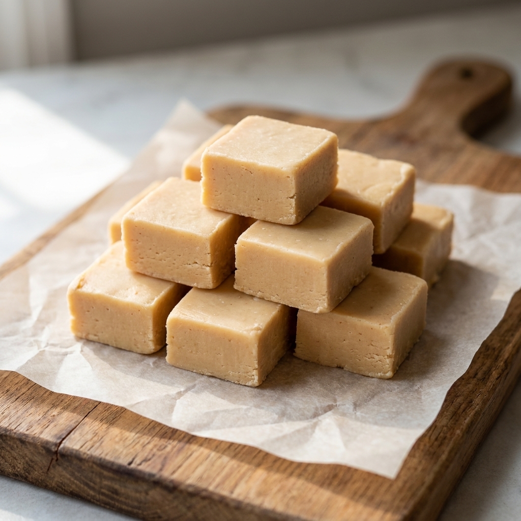 Squares of pale peanut butter fudge stacked on parchment paper on a wooden cutting board