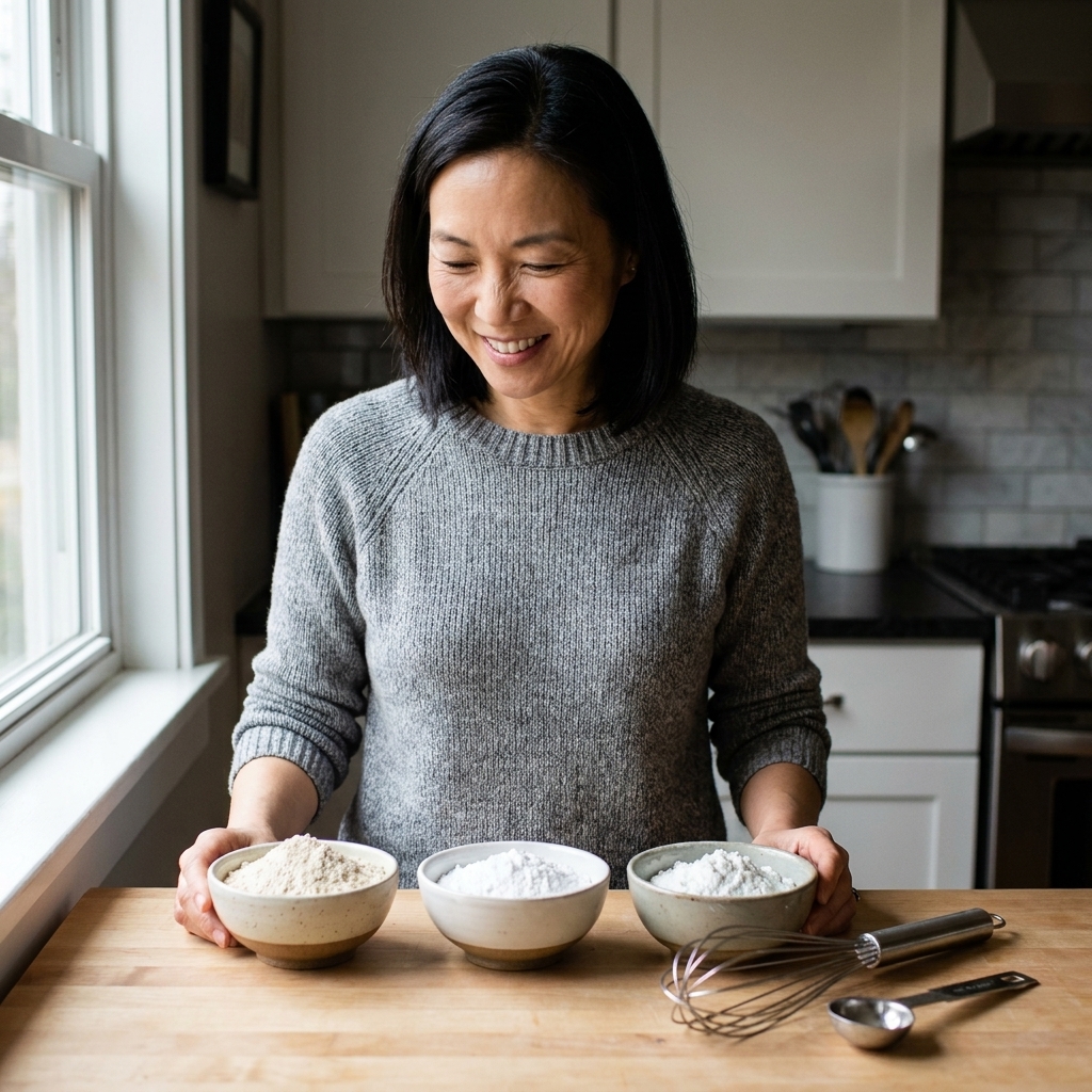 Three small bowls on a kitchen counter filled with sorghum flour, tapioca starch, and potato starch, ready to be mixed for gluten-free pasta