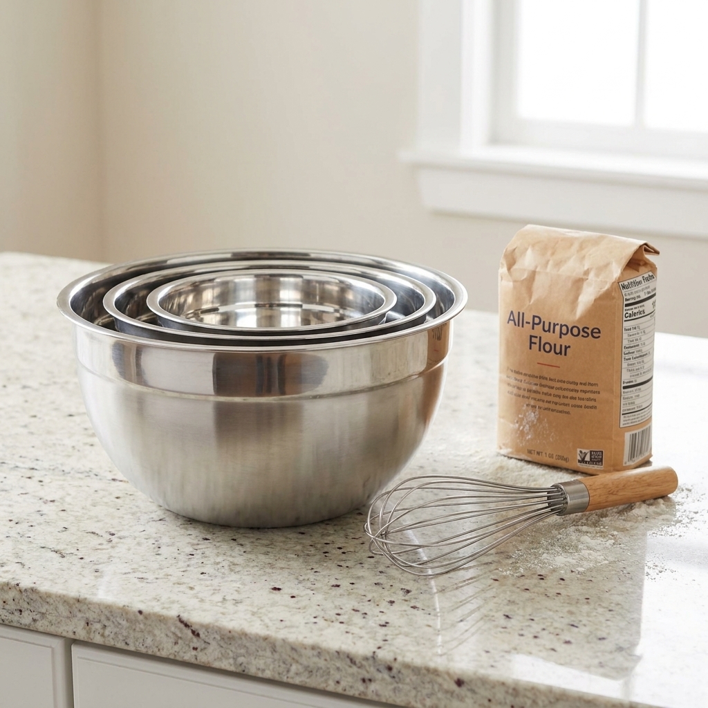Three stainless steel mixing bowls nested on a kitchen counter next to a whisk and a bag of flour