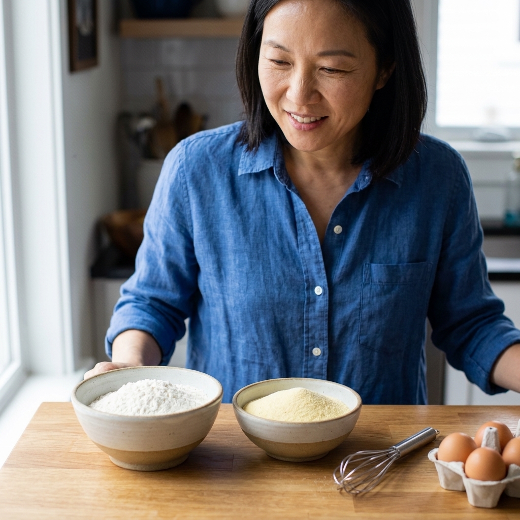Two ceramic bowls on a kitchen counter, one filled with 00 flour and the other filled with semolina flour, with a small whisk and eggs nearby
