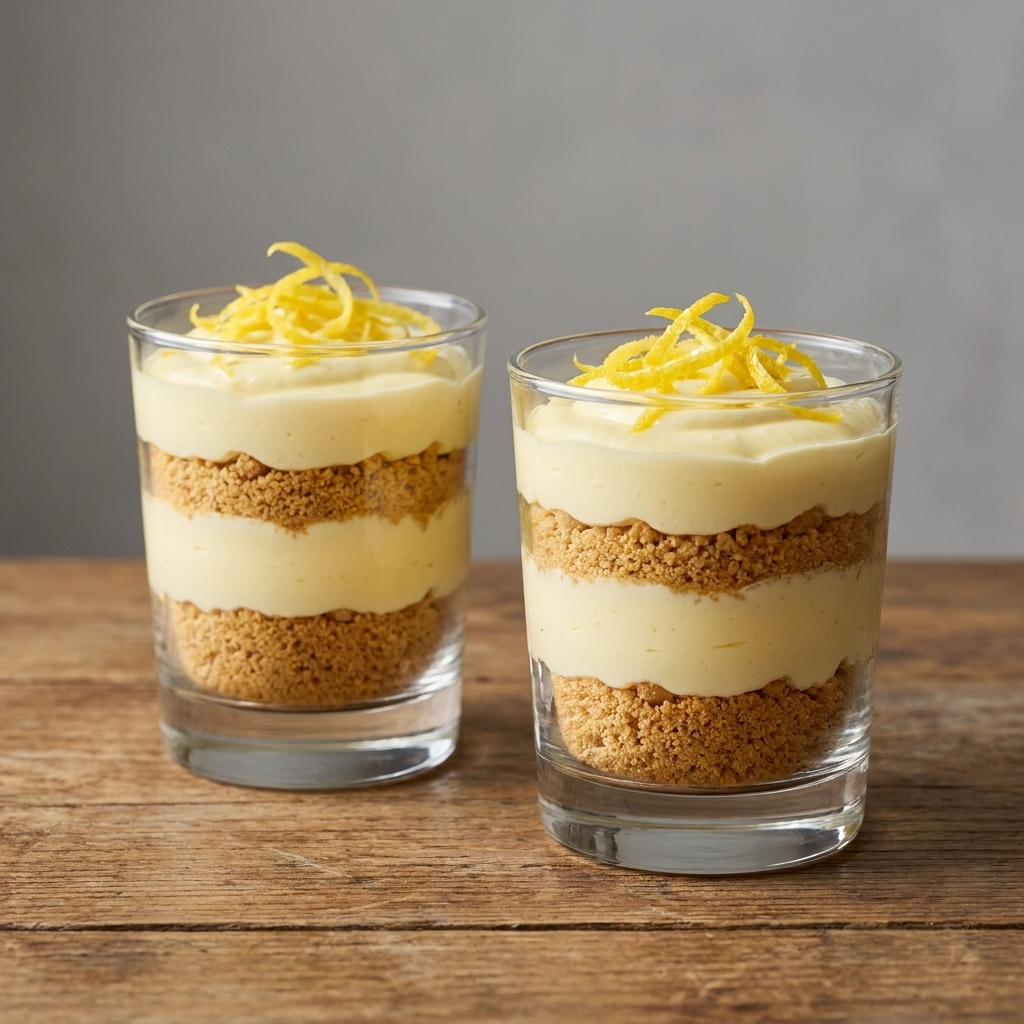 Two clear glasses filled with layers of lemon cheesecake cream and crushed graham crackers, topped with lemon zest