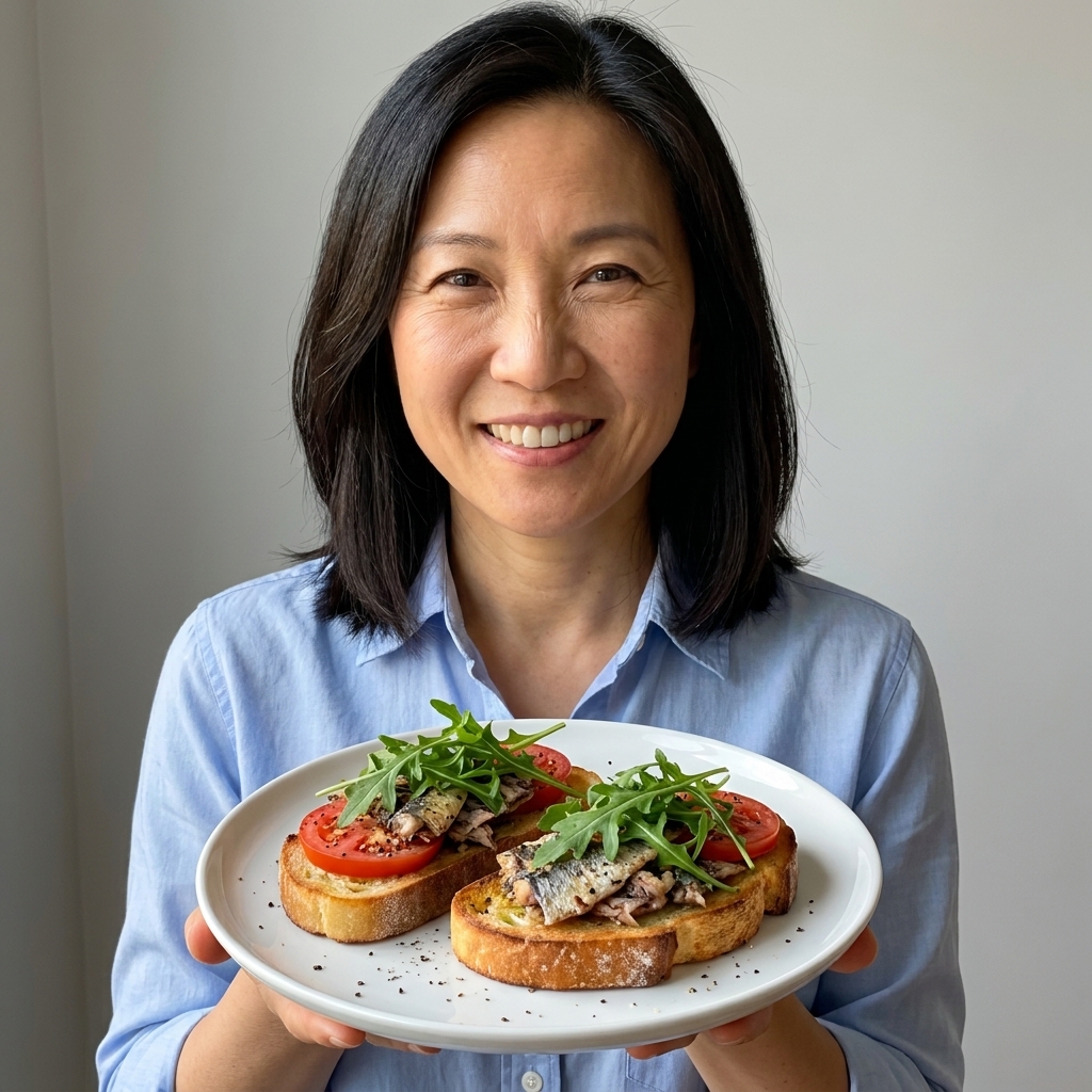 Two slices of toasted bread topped with smashed sardines, fresh tomato slices, and peppery arugula