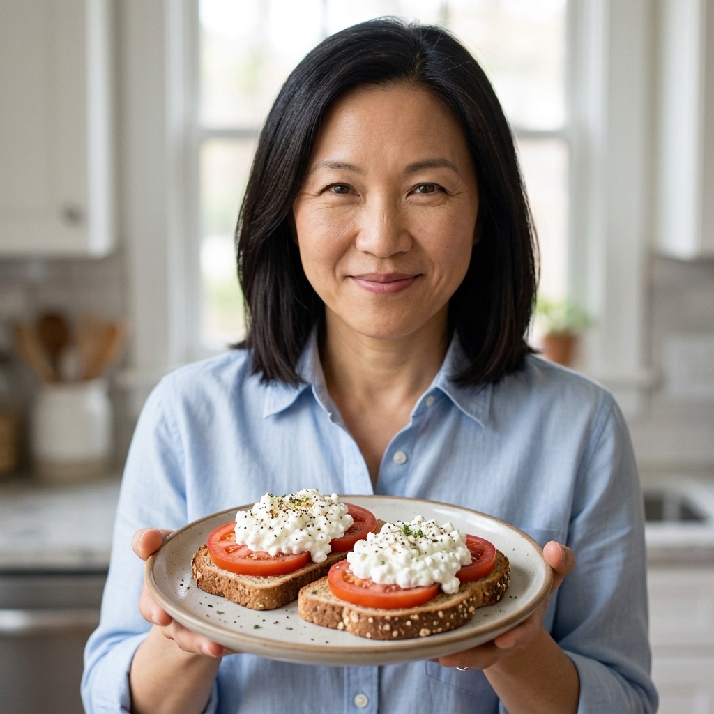 Two slices of whole grain toast topped with cottage cheese and fresh tomato slices, lightly sprinkled with seasoning