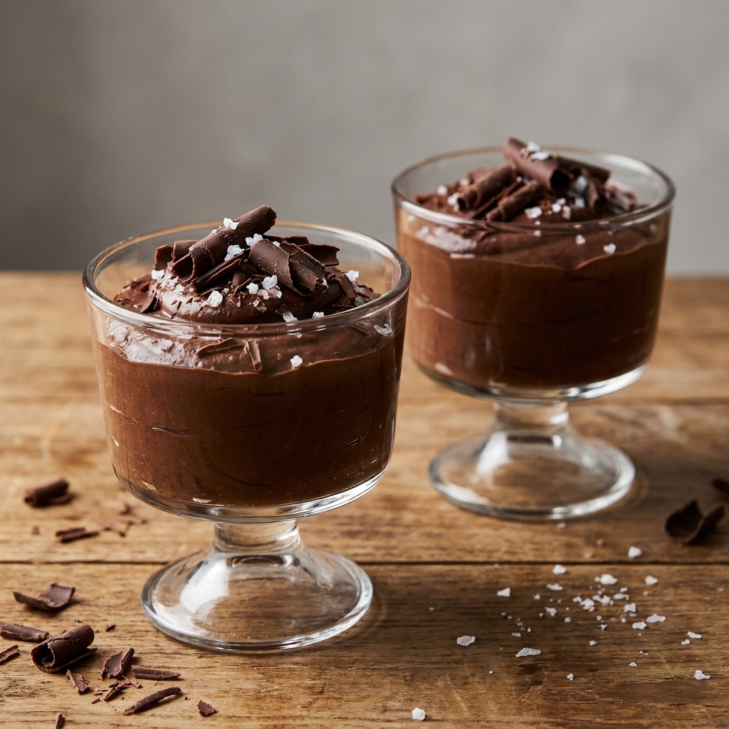 Two small dessert glasses filled with dark chocolate coconut cream mousse, topped with shaved chocolate and flaky salt
