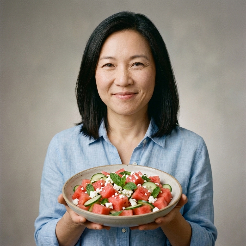 Watermelon salad with feta, cucumber slices, and fresh mint leaves in a shallow serving bowl